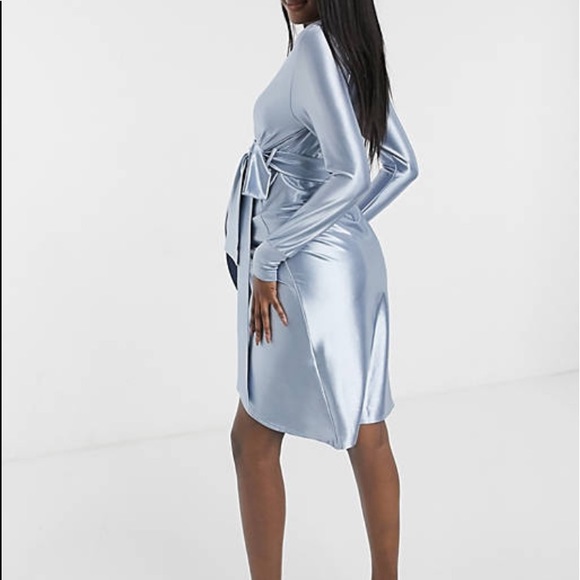 NWT Maternity Blue Satin Wrap Cocktail Midi Dress Size 10 - Picture 5 of 16